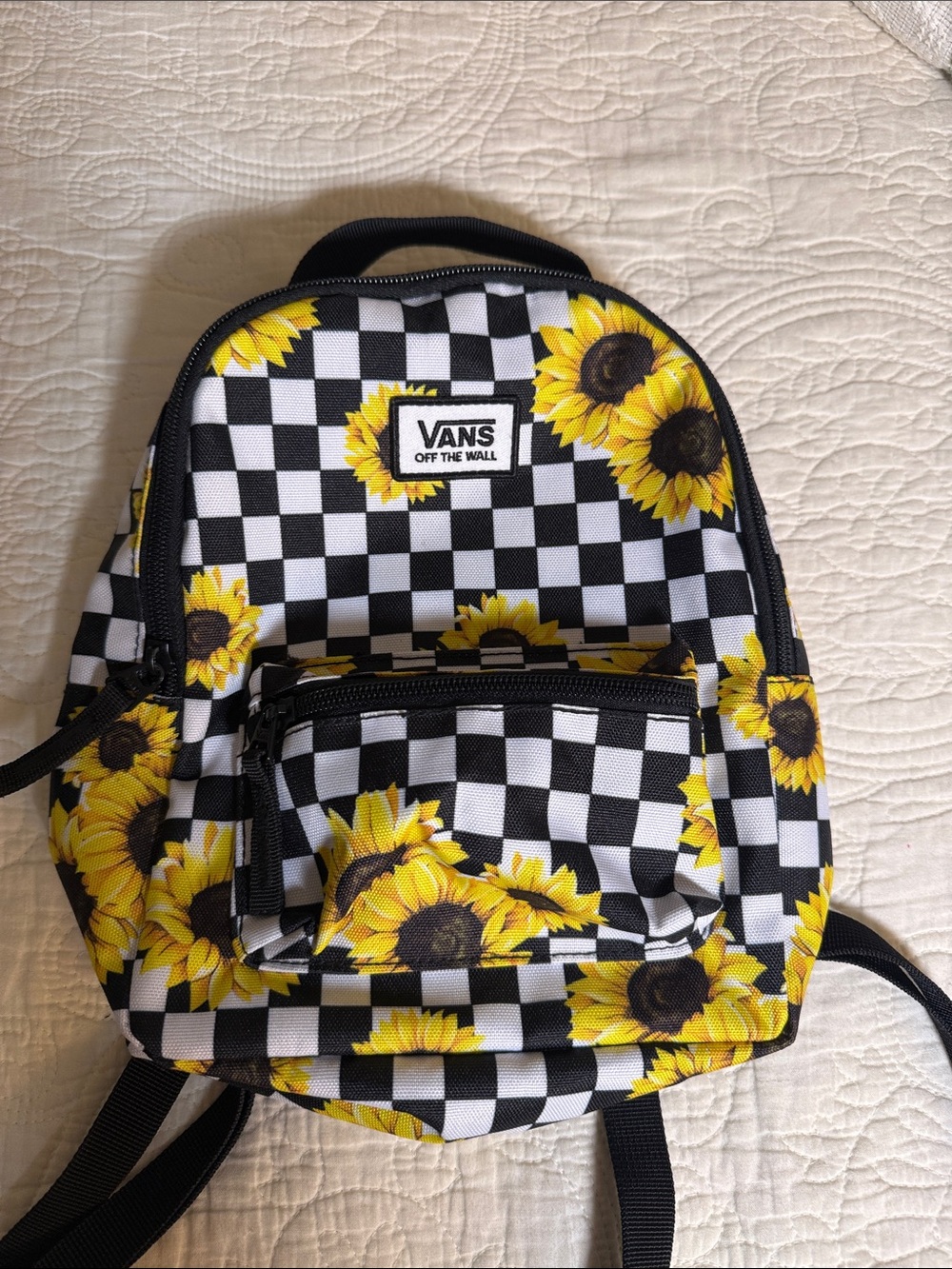 Vans Black/White Checkered Mini Backpack with Yellow Sunflowers Backpack - Picture 4 of 6